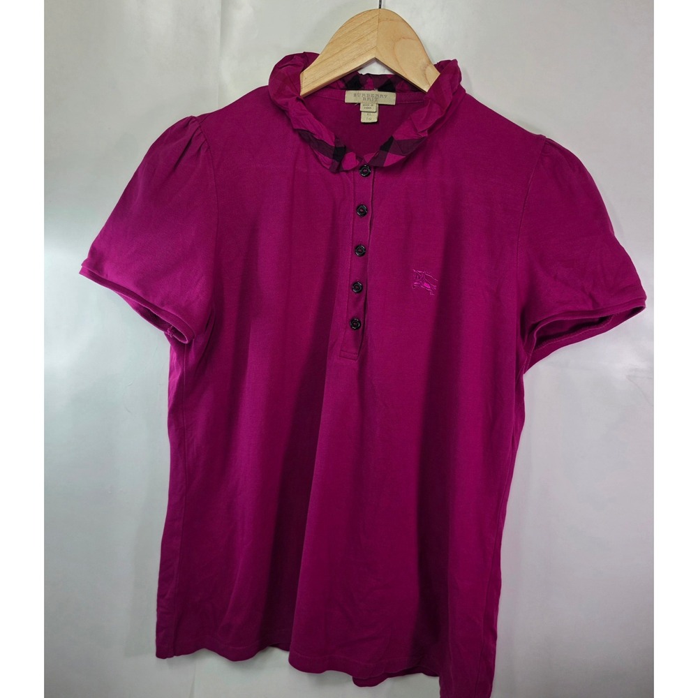Burberry Brit Womens XL Polo Shirt Magenta Pink Ruffle Novacheck Plaid Collar